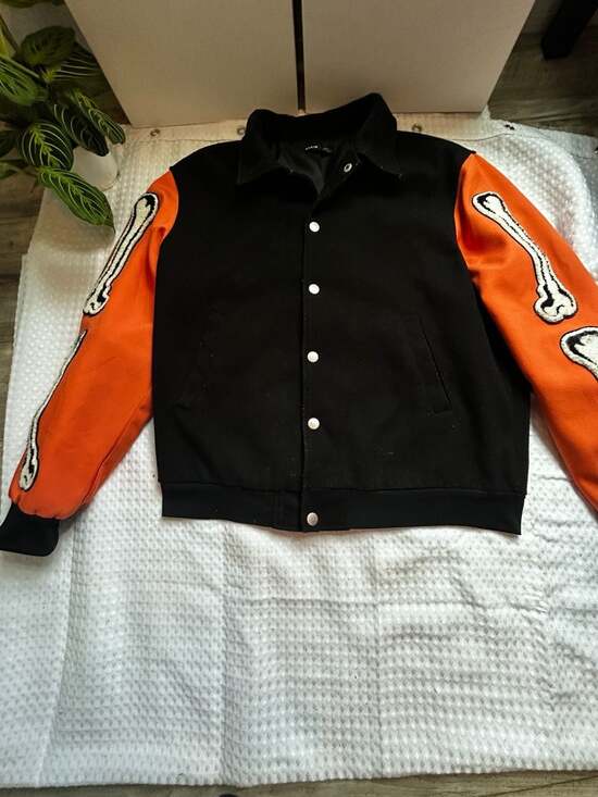 Skull Other - Skeleton Arm Varsity Jacket Black Orange Size M